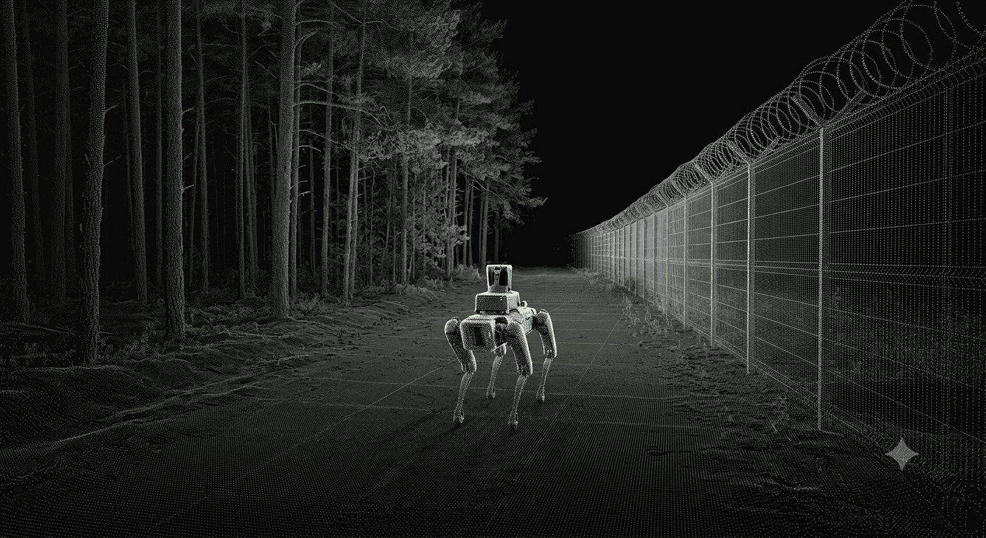 LiDAR point-cloud render of a quadruped robot with a mounted scanner patrolling a route beside a border fence